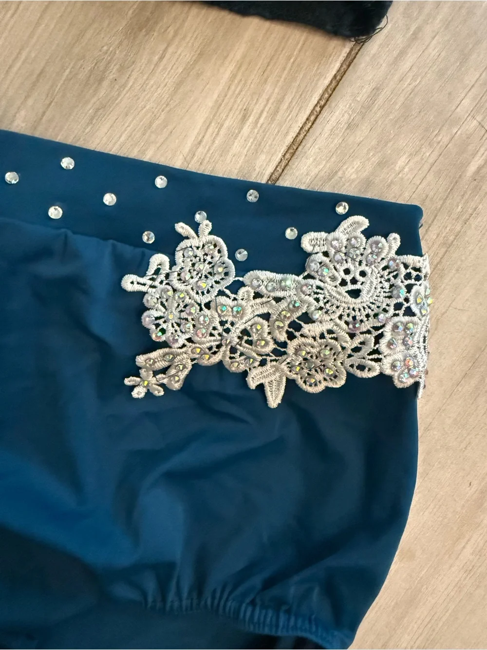 Teal Two-Piece Dance Costume Set with Lace & Rhinestones